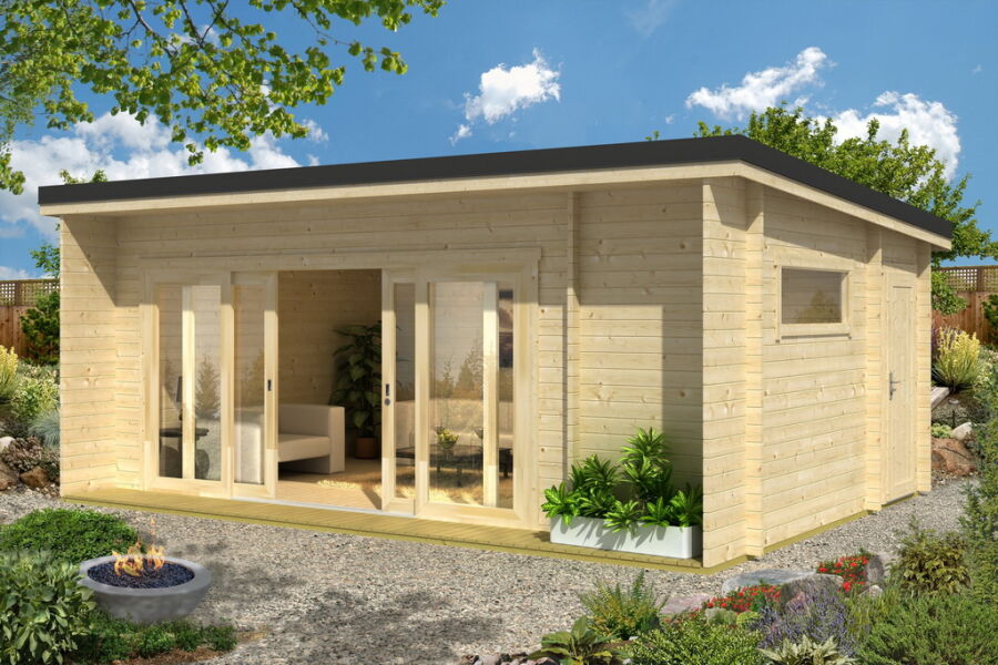 Gartenhaus JAVA 628x410 cm; Schiebetür; 44mm Bohlen; ISO; Fußboden