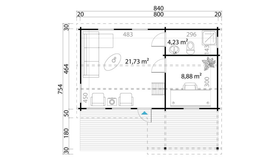 Ferienhaus EUFRAT (Platin Ausführung) 800x464 cm; 70mm Wandstärke; große Terrasse