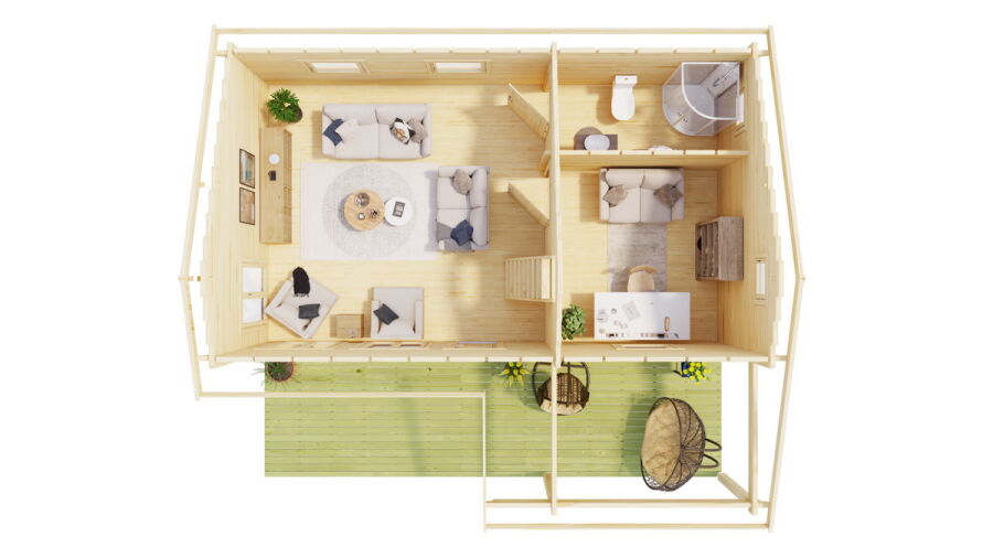 Ferienhaus EUFRAT (Diamant Fenster) 800x464 cm; 70mm Wandstärke; große Terrasse