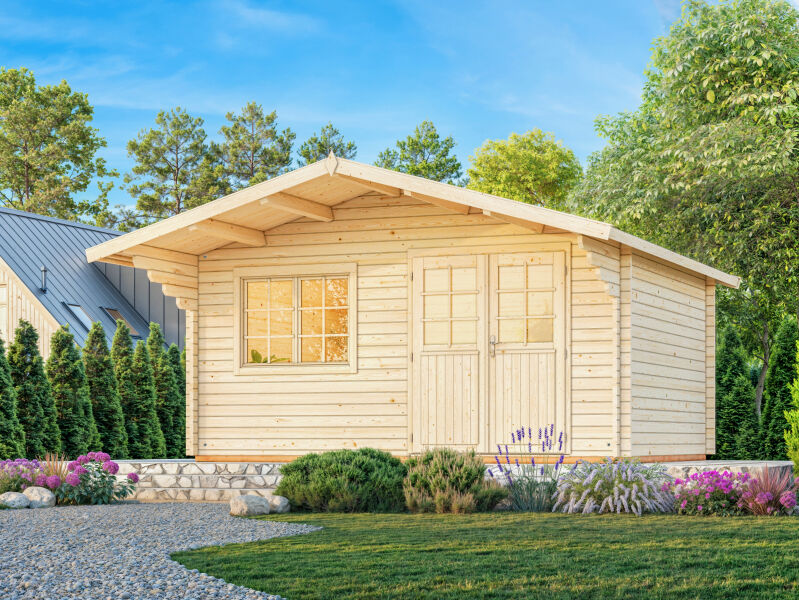 Gartenhaus SALLY 19,1 m2, 530x410cm, 44mm Bohlen, 150cm Vordach, inkl. Boden - ohne / mit Farbe -