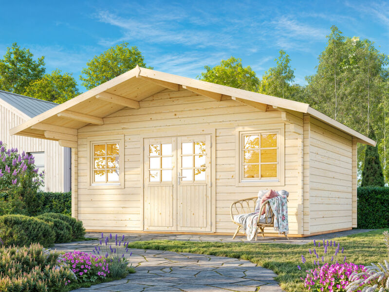 Gartenhaus HELENA 18,6 m2; 530x410 cm; 70mm Bohlen, ISO + Boden, naturbelassen