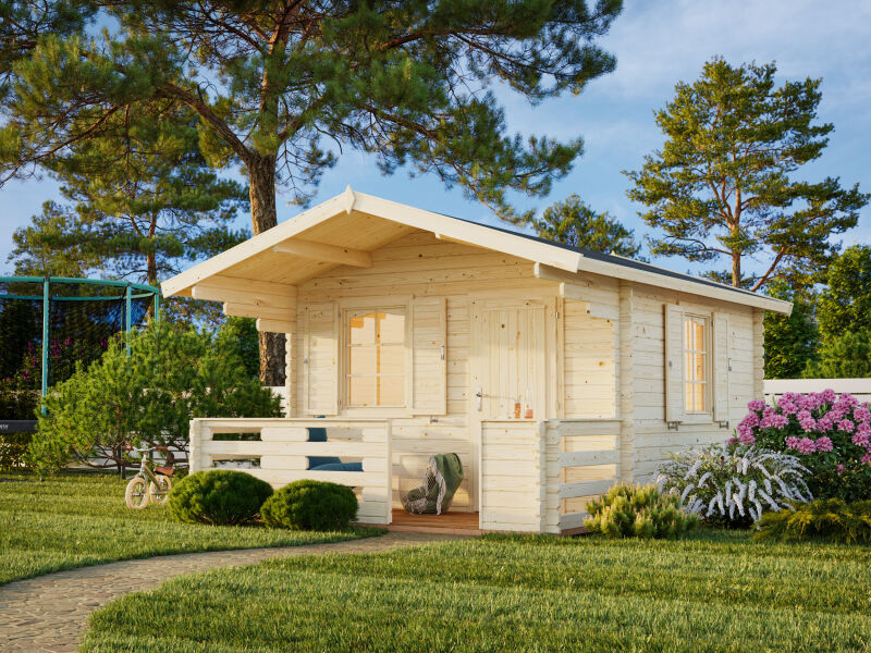 Gartenhaus EMMA 10,4+4,2 m2, 350x350(480)cm, 34mm Doppelnut, inkl. Boden, naturbelassen