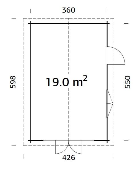 Gartenhaus IRENE 19,0 m2, 380x570cm, ISO, 44mm Doppelnut, Boden, naturbelassen