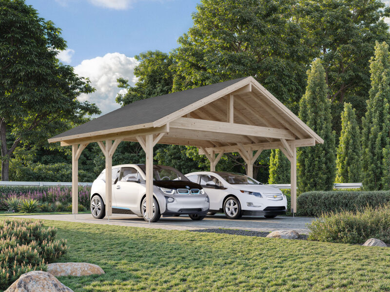 Palmako Doppelcarport ROBERT 20,6 m²  555x372 cm, 12x12 Pfosten, naturbelassen