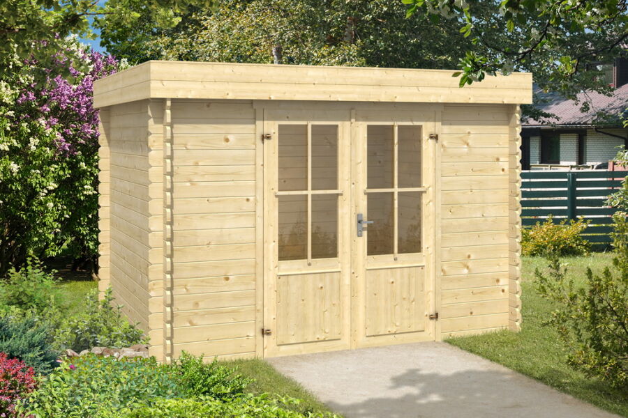 Gartenhaus SEATTLE Pultdach; 292x230 cm Sockelmass; 28mm Blockbohlen