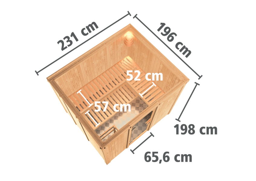 Sauna GOBIN 231x196 cm Fronteinstieg 68 mm Systemsauna