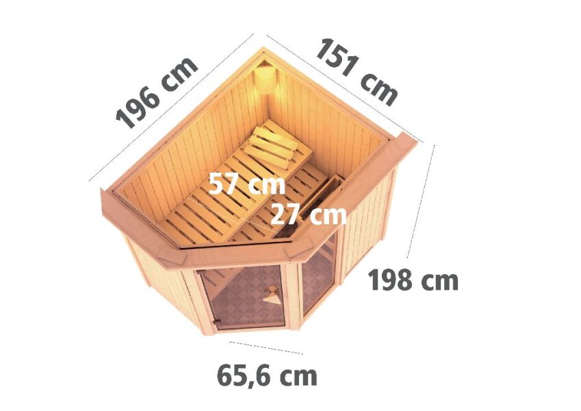 Sauna FIONA 1 Exclusiv 196x151 cm Eckeinstieg 68mm Systemsauna