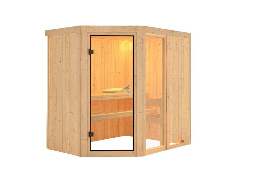 Sauna FIONA 1 Exclusiv 196x151 cm Eckeinstieg 68mm Systemsauna