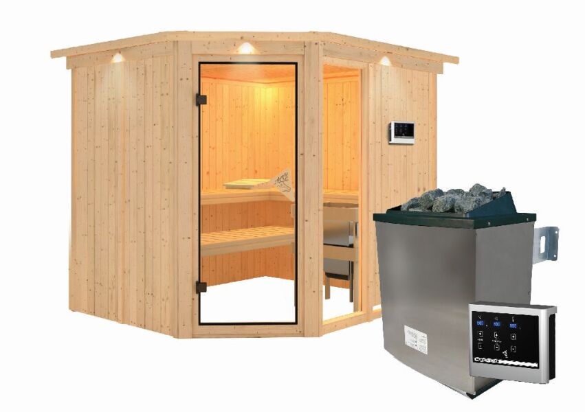 Sauna FIONA 3 / mit Kranz / Ofen 9 KW externe Strg easy