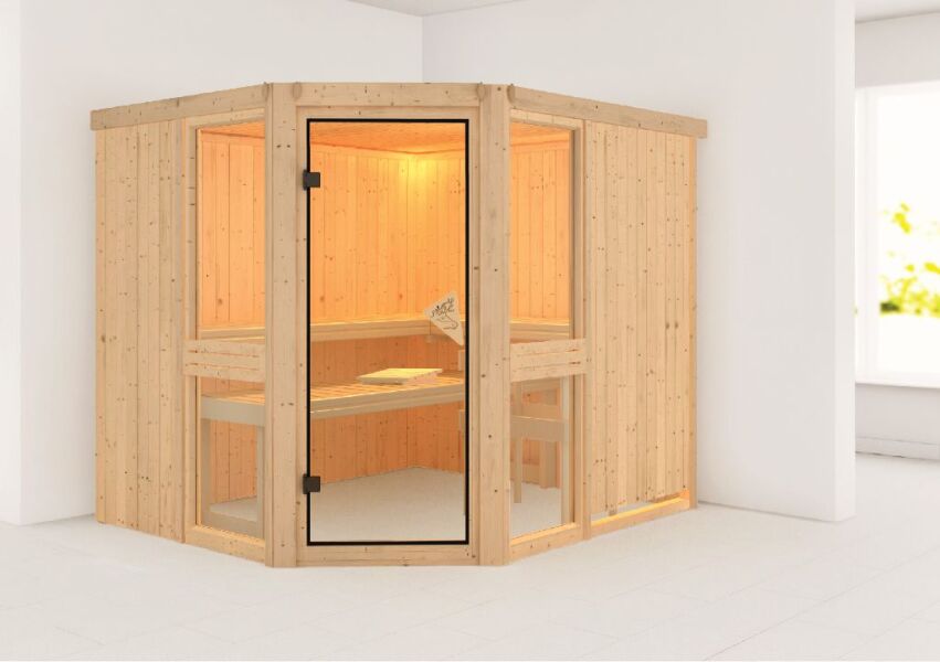 Sauna AMELIA 3 Exclusiv 231x196 cm Eckeinstieg 68mm Systemsauna