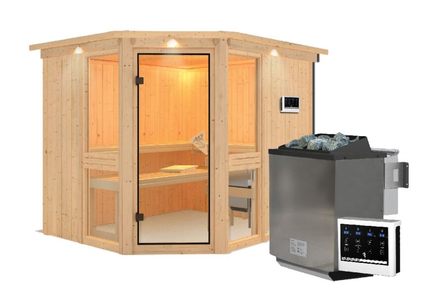 Sauna AMELIA 3 / mit Kranz / Ofen 9 kW Bio externe Strg easy