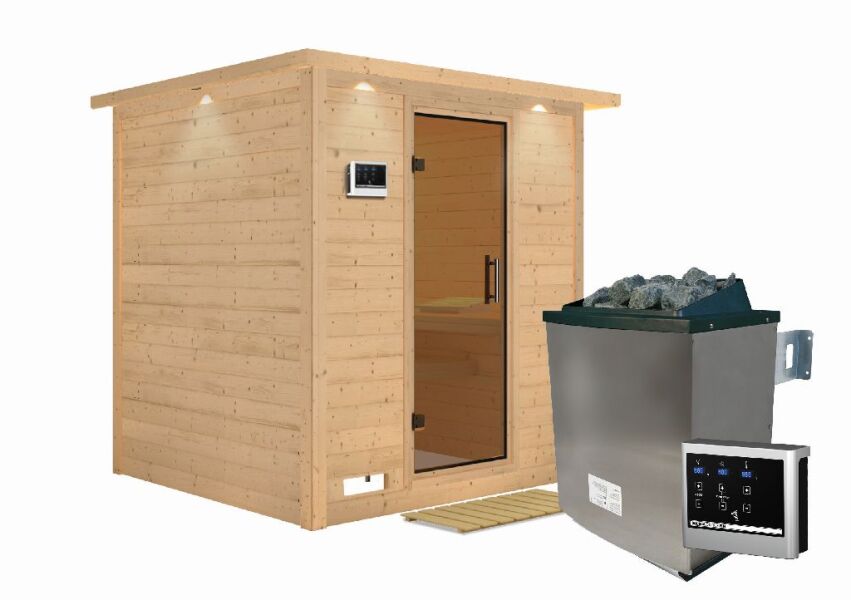 Sauna MOJAVE GRAPHITTÜR / mit Kranz / Ofen 9 KW externe Strg easy