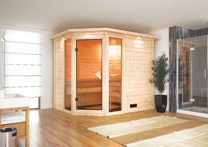 Sauna KEMI Eckeinstieg 236x184 cm 40mm Massivholzsauna