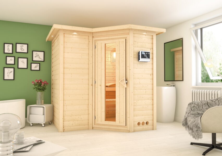 Sauna SAHIB 1 Eckeinstieg 193x184 cm 40mm Masisvholzsauna