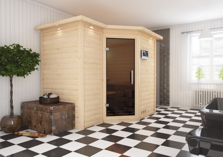 Sauna SAHIB 2 Eckeinstieg 236x184 cm 40mm Massivholzsauna