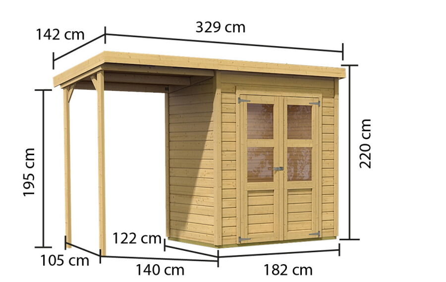 Karibu Gartenhaus MERSEBURG 2 im Set mit Anbaudach naturbelassen 14mm Wändstärke