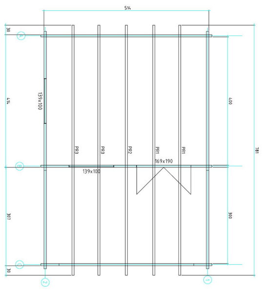 Gartenhaus Clara 5x4 m + 3 m Vordach / 70mm