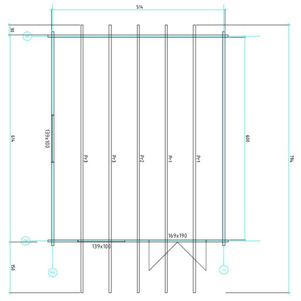 Gartenhaus Clara 5x6 m + 1,5 m Vordach / 70mm