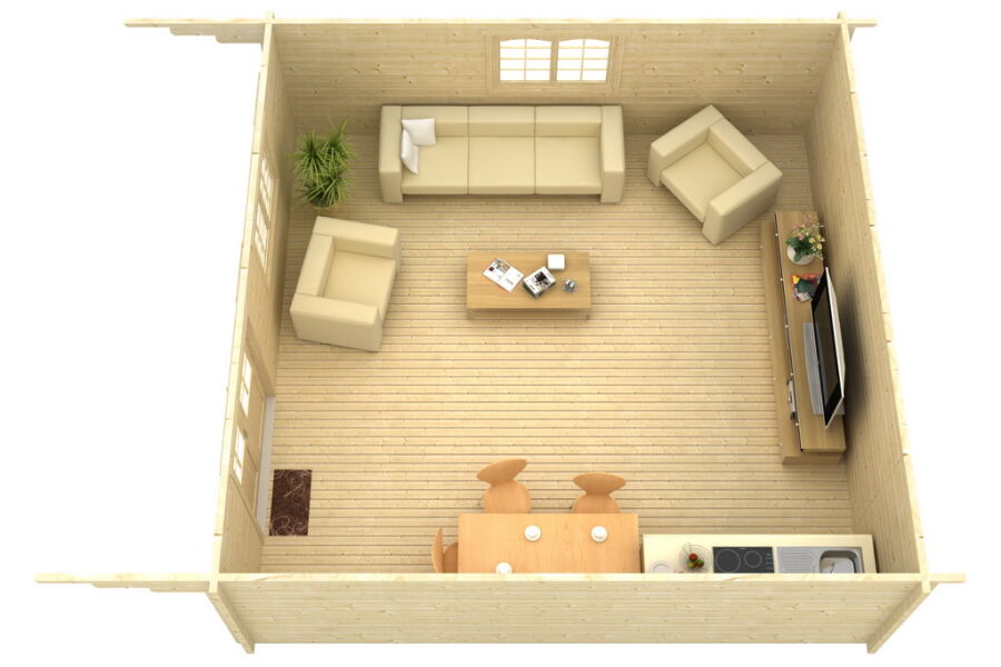 Gartenhaus Clara 6x6 m + 3 m Vordach / 45mm