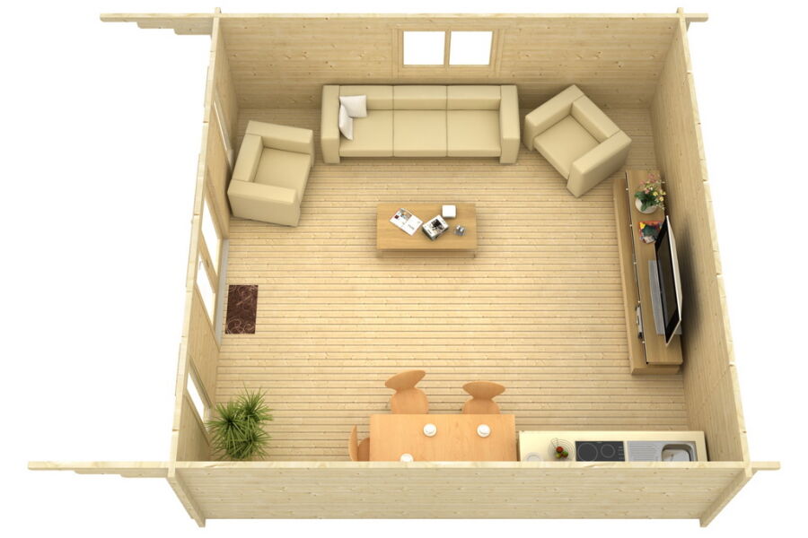 Gartenhaus Corinna 6x6 m + 3 m Vordach / 70mm