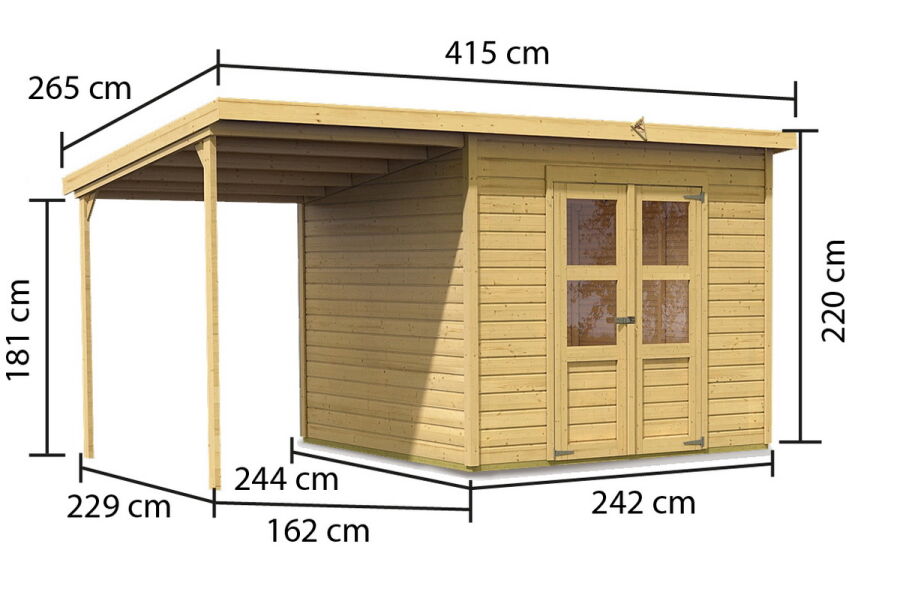 Karibu Gartenhaus MERSEBURG 6 im Set mit Anbaudach naturbelassen 14mm Wändstärke