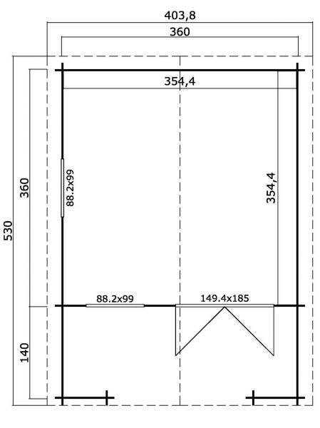 Gartenhaus mit Terrasse LUNA 2, 380x380 + 150 cm (L)
