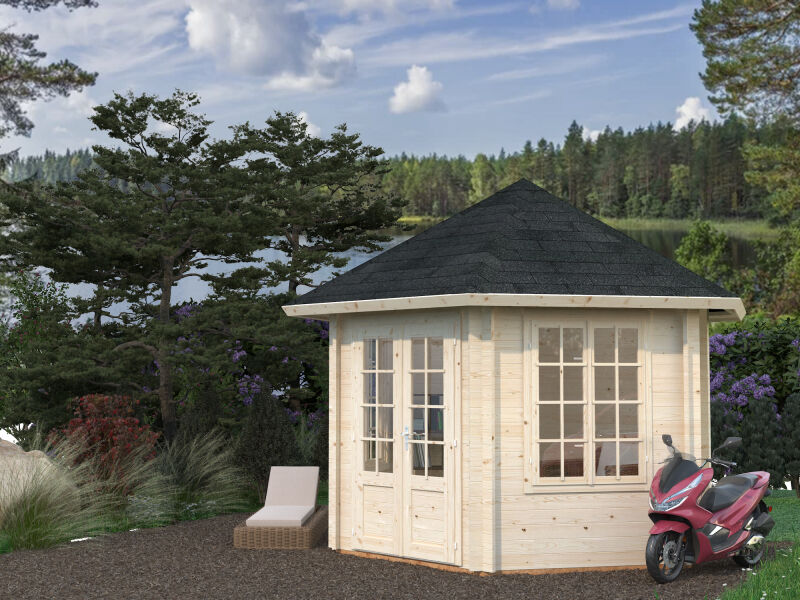 4743142000427 - Pavillon HANNA 76 m² - Ø 303 cm 34 mm inkl Fußboden 19 mm * natur + farbig *