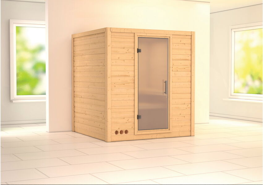 Sauna MOJAVE KLARGLAS TÜR 193x184 cm 40mm Massivholzsauna Glastür