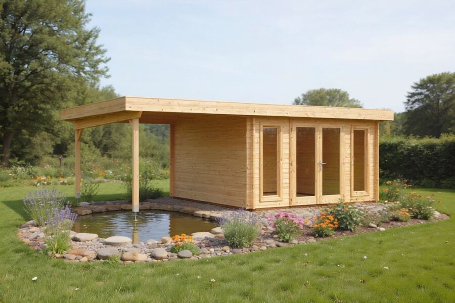 Flachdachhaus WESER Variante 4 inkl. Schleppdach; 380 x 380 cm; 40mm Doppelnut; ohne Boden (P)