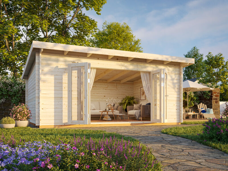 Gartenhaus LEA 19,4 m2; 550x400cm; 44mm Bohlen; ISO, Fußboden, Falttür, naturbelassen