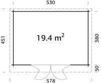 Gartenhaus LEA 19,4 m2; 550x400cm; 44mm Bohlen; ISO, Fußboden, Falttür, naturbelassen