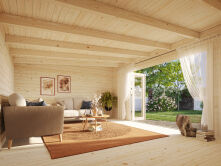 Gartenhaus LEA 19,4 m2; 550x400cm; 44mm Bohlen; ISO, Fußboden, Falttür, naturbelassen