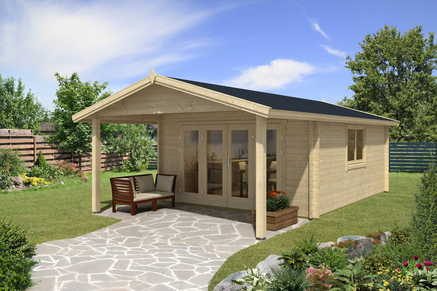 Gartenhaus Camilla 4x5 m + 2 m Vordach / 70mm
