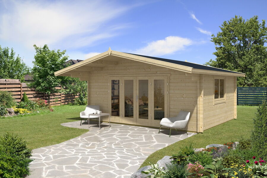 Gartenhaus Camilla 5x4 m + 1,5 m Vordach / 70mm