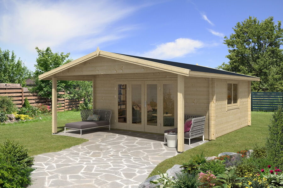 Gartenhaus Camilla 5x4 m + 2 m Vordach / 70mm