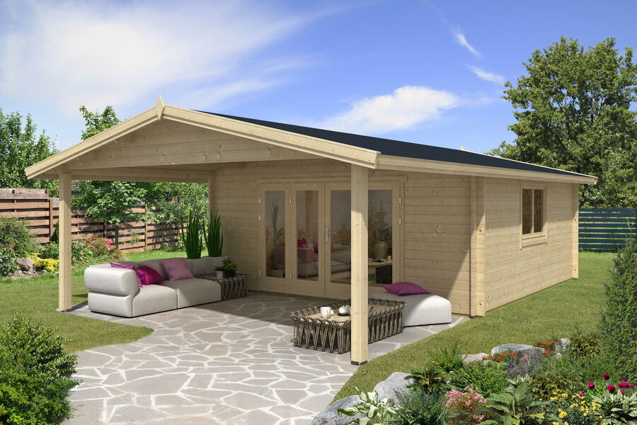 Gartenhaus Camilla 5x4 m + 3 m Vordach / 70mm