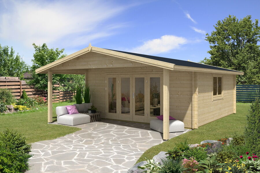 Gartenhaus Camilla 5x5 m + 2 m Vordach / 70mm