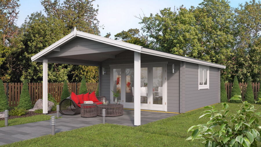 Gartenhaus Camilla 5x6 m + 3 m Vordach / 45mm