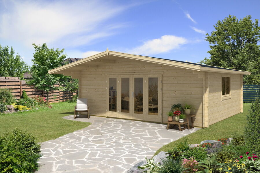 Gartenhaus Camilla 6x5 m + 1 m Vordach / 45mm