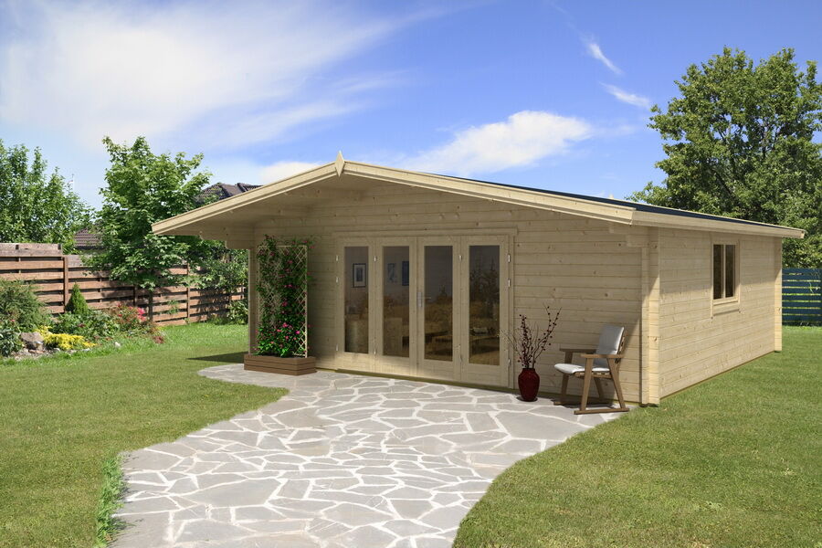 Gartenhaus Camilla 6x6 m + 1,5 m Vordach / 70mm