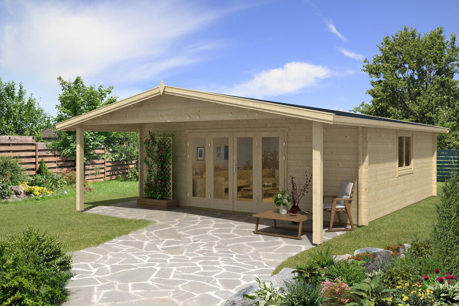 Gartenhaus Camilla 6x6 m + 2 m Vordach / 45mm