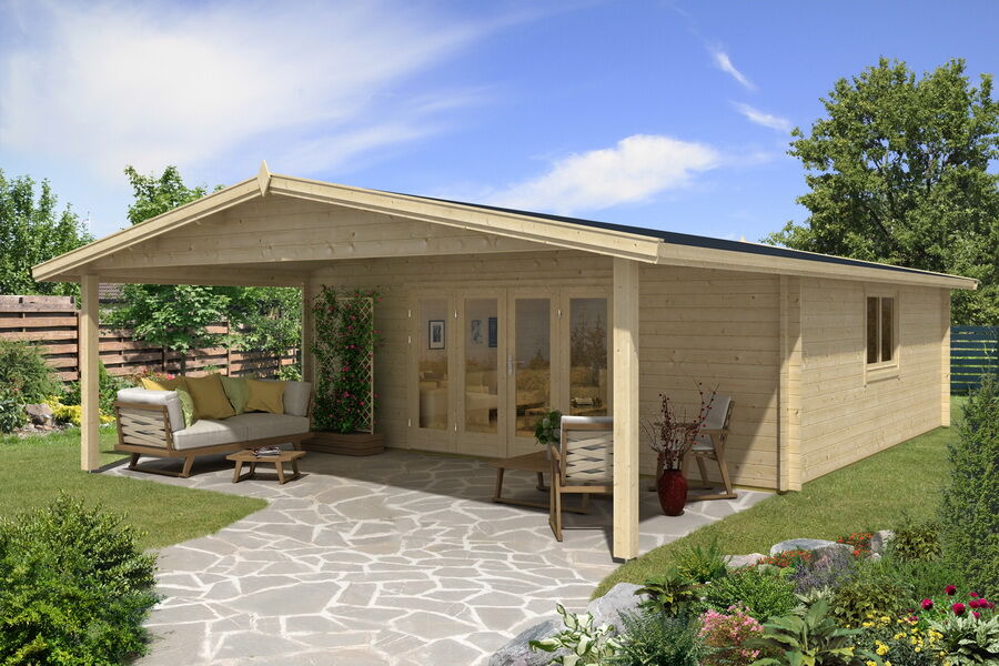 Gartenhaus Camilla 6x6 m + 3 m Vordach / 45mm