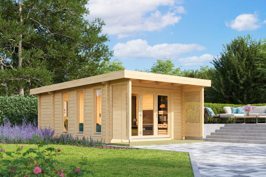 Ferienhaus EXETER 1 390x524 cm; 70mm Wandstärke; große Doppelfalttür
