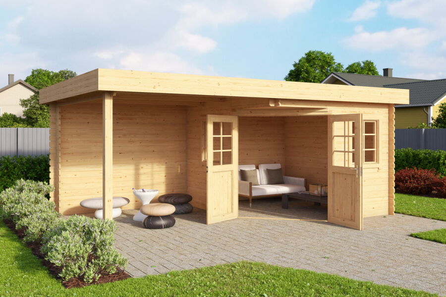 Gartenhaus HESSEN 5-Eck 480x280 cm (L) Sockelmass inkl. Schleppdach; 28mm Blockbohlen; ohne Boden