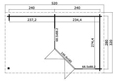 Gartenhaus HESSEN 5-Eck 480x280 cm (L) Sockelmass inkl. Schleppdach; 28mm Blockbohlen; ohne Boden