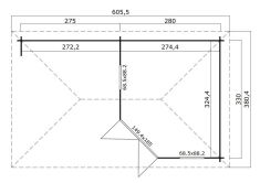 Gartenhaus ANHALT 5-Eck 280x330 cm (L)  Sockelmass + 275 cm Schleppdach; 28mm Blockbohlen; ohne Boden