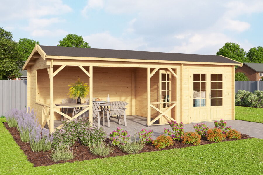Gartenhaus BAYERN 647x300 cm Sockelmass inkl. Schleppdach (L); 40mm Blockbohlen; ohne Boden