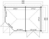 Gartenhaus PFALZ 5-Eck 420x280 cm Sockelmass; 2-Raum...