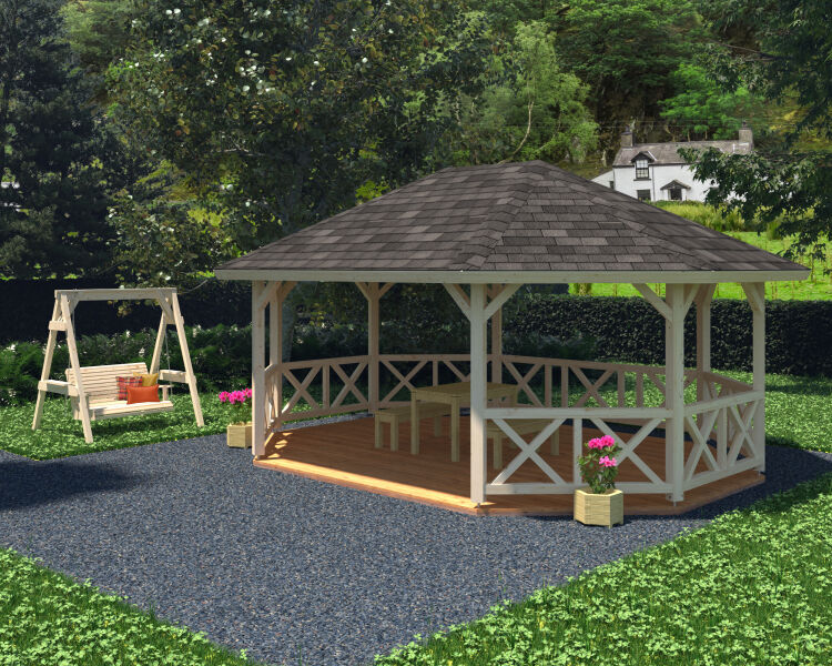 Palmako Pavillon BETTY 25,0 m² - 615x465 cm, 12x12 cm Leimholz-Pfosten, naturbelassen