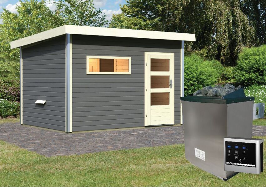 38 mm Saunahaus SKROLLAN 2  / Ofen 9 KW externe Strg esay / terragrau